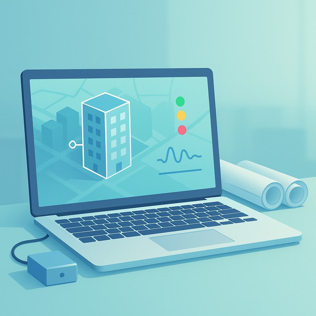 Masanın üzerindeki dizüstü bilgisayarda, harita üzerinde bina ikonu, durum göstergeleri ve titreşim grafiği içeren yapı sağlığı izleme paneli; yanında sensör cihazı ve rulo proje çizimleri.